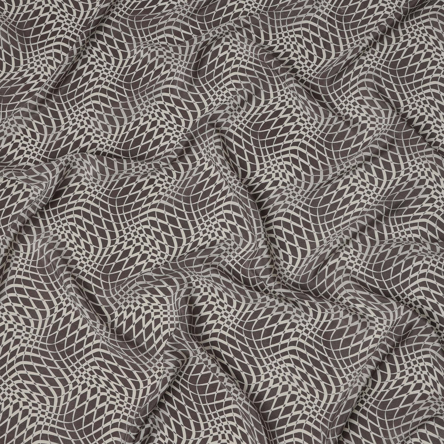 Brown and Grey Geometric Illusion Print Pure Silk Crepe Fabric, 110 Cms Width, Made in India-D23177