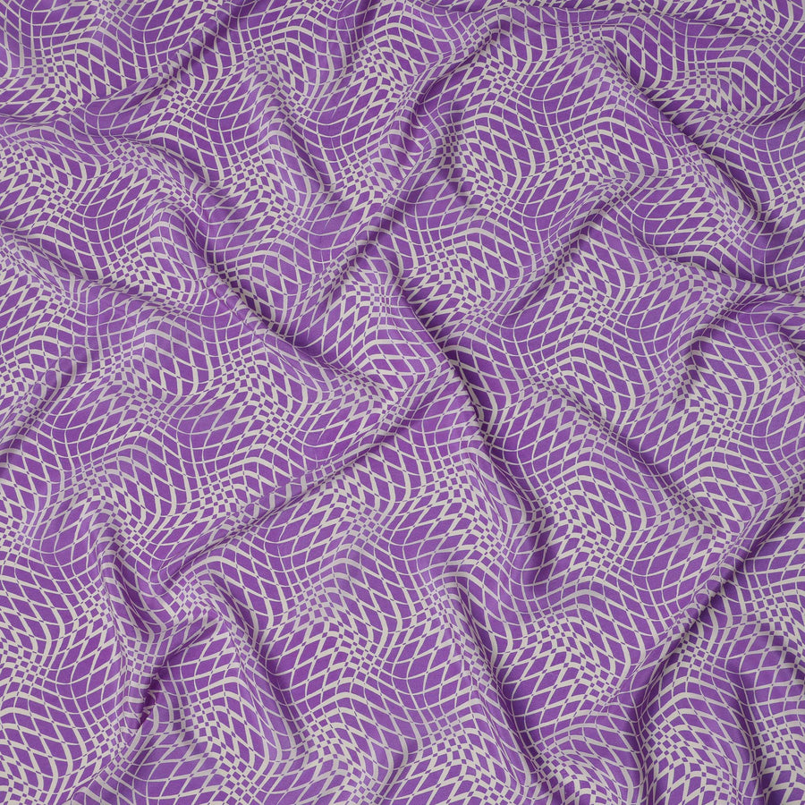 Purple and White Geometric Illusion Print Pure Silk Crepe Fabric, 110 Cms Width, Made in India-D23178