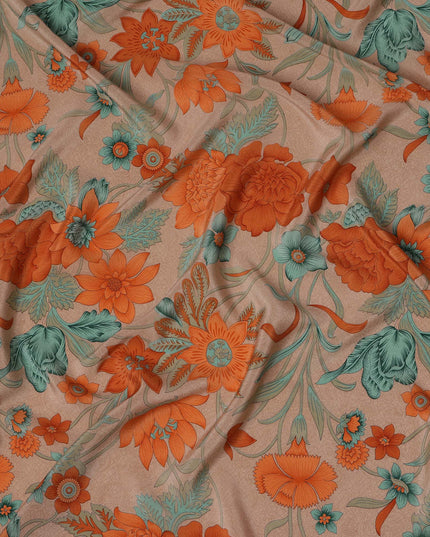 قماش كريب حريري خالص بقاعدة بيج مع طباعة زهور باللونين الصدئ والأزرق المخضر، عرض 110 سم، صنع في الهند - D23179
