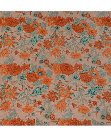 قماش كريب حريري خالص بقاعدة بيج مع طباعة زهور باللونين الصدئ والأزرق المخضر، عرض 110 سم، صنع في الهند - D23179