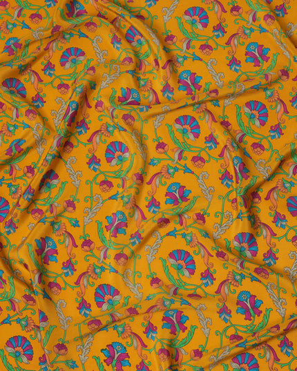 قماش كريب حريري خالص بقاعدة صفراء خردلية مع طبعة زهور عرقية متعددة الألوان، عرض 110 سم، صنع في الهند - D23183