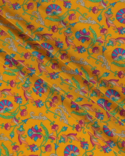 قماش كريب حريري خالص بقاعدة صفراء خردلية مع طبعة زهور عرقية متعددة الألوان، عرض 110 سم، صنع في الهند - D23183
