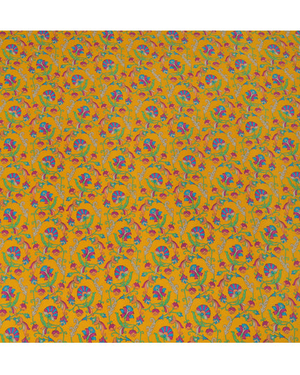 قماش كريب حريري خالص بقاعدة صفراء خردلية مع طبعة زهور عرقية متعددة الألوان، عرض 110 سم، صنع في الهند - D23183