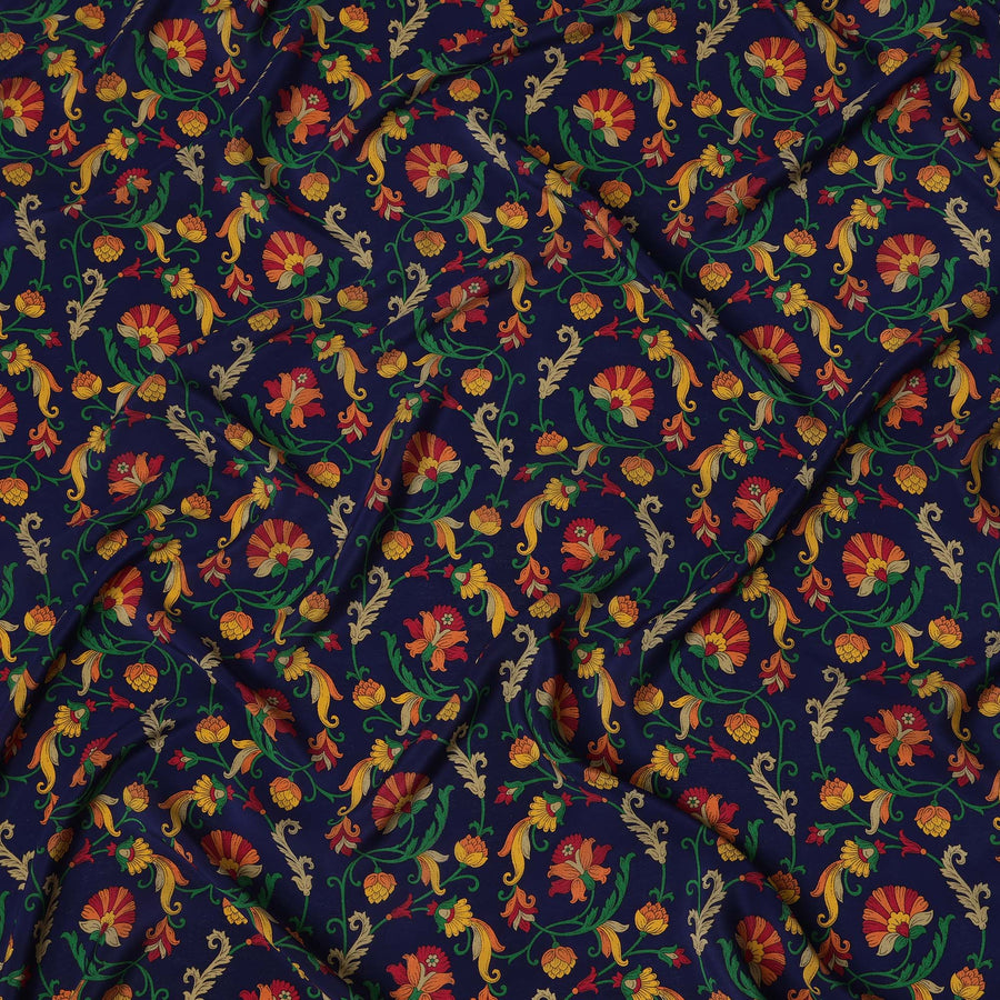Navy Blue Base with Multicolor Traditional Floral Motif Print Pure Silk Crepe Fabric, 110 Cms Width, Made in India-D23184