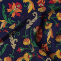 Navy Blue Base with Multicolor Traditional Floral Motif Print Pure Silk Crepe Fabric, 110 Cms Width, Made in India-D23184
