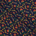 Navy Blue Base with Multicolor Traditional Floral Motif Print Pure Silk Crepe Fabric, 110 Cms Width, Made in India-D23184