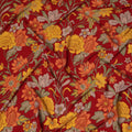 قماش كريب حريري خالص بقاعدة حمراء داكنة مع طباعة زهور متعددة الألوان الأصفر والبرتقالي والبيج، عرض 110 سم، صنع في الهند - D23186