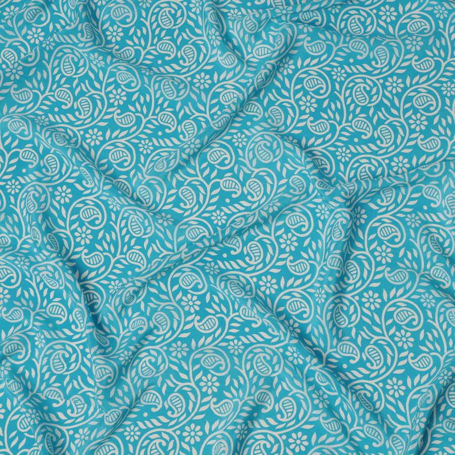 Turquoise Blue Base with White Floral Paisley Print Pure Silk Crepe Fabric, 110 Cms Width, Made in India-D23187