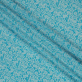Turquoise Blue Base with White Floral Paisley Print Pure Silk Crepe Fabric, 110 Cms Width, Made in India-D23187