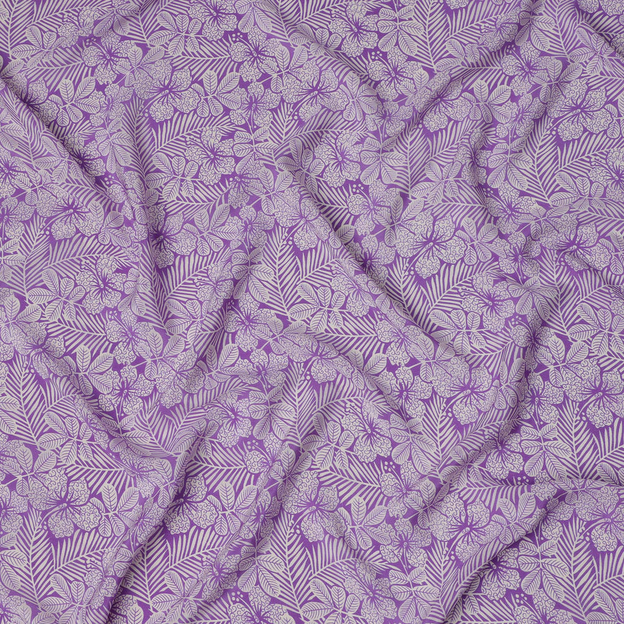 Lavender Base with White Tropical Floral Leaf Print Pure Silk Crepe Fabric, 110 Cms Width, Made in India-D23188