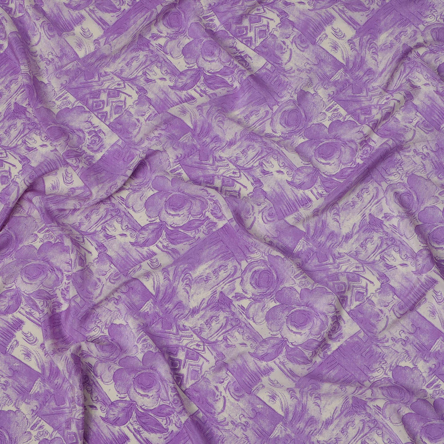 قماش كريب حريري خالص بطبعة زهور وهندسية تجريدية بلون الخزامى، عرض 110 سم، صنع في الهند - D23191