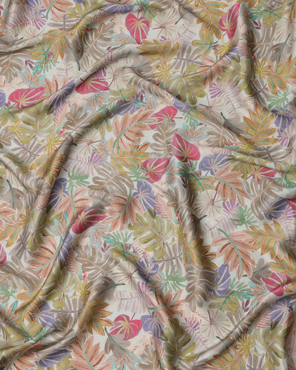 Multicolor Tropical Leaf Print Viscose Modal Satin Fabric, 110 Cms Width, Made in India-D23287