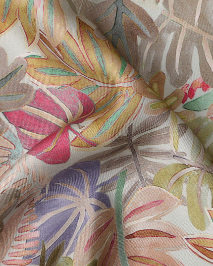 Multicolor Tropical Leaf Print Viscose Modal Satin Fabric, 110 Cms Width, Made in India-D23287