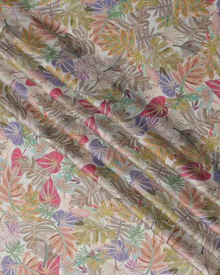 Multicolor Tropical Leaf Print Viscose Modal Satin Fabric, 110 Cms Width, Made in India-D23287