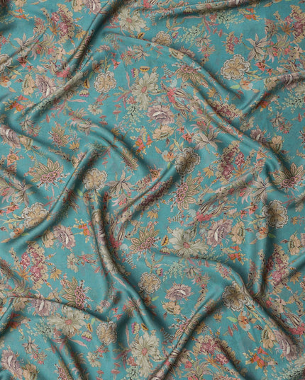Turquoise Blue Vintage Floral Print Viscose Modal Satin Fabric, 110 Cms Width, Made in India-D23288