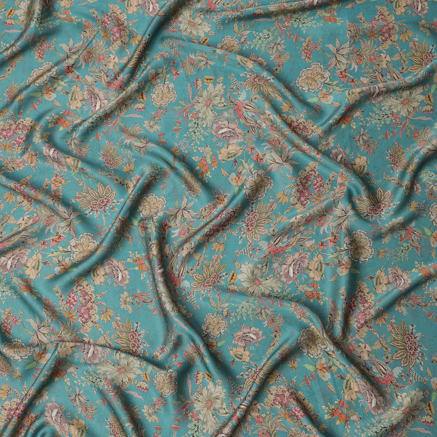 Turquoise Blue Vintage Floral Print Viscose Modal Satin Fabric, 110 Cms Width, Made in India-D23288