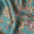 Turquoise Blue Vintage Floral Print Viscose Modal Satin Fabric, 110 Cms Width, Made in India-D23288