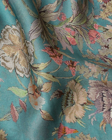 Turquoise Blue Vintage Floral Print Viscose Modal Satin Fabric, 110 Cms Width, Made in India-D23288