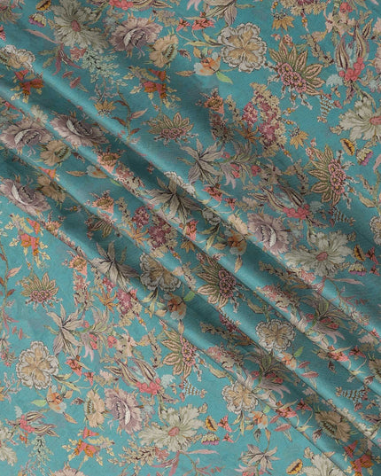 Turquoise Blue Vintage Floral Print Viscose Modal Satin Fabric, 110 Cms Width, Made in India-D23288