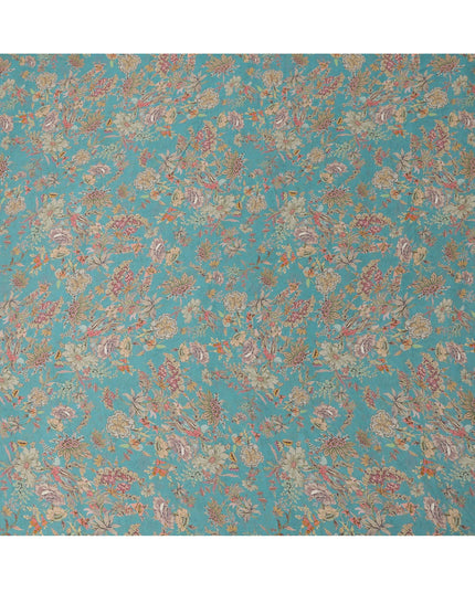 Turquoise Blue Vintage Floral Print Viscose Modal Satin Fabric, 110 Cms Width, Made in India-D23288