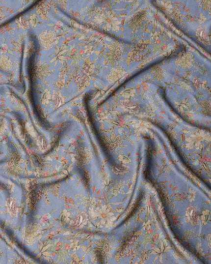 قماش فيسكوز مودال ساتان بطبعة زهور عتيقة بلون أزرق باهت، عرض 110 سم، صنع في الهند - D23289