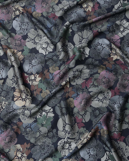 قماش ساتان فيسكوز مودال بطبعة زهور متعددة الألوان باللون الأسود، عرض 110 سم، صنع في الهند - D23290