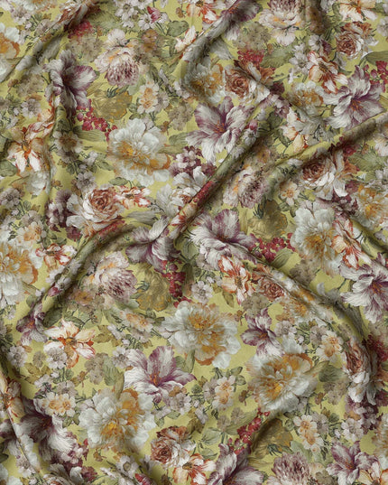 Olive Green Vintage Bloom Floral Print Viscose Modal Satin Fabric, 110 Cms Width, Made in India-D23291