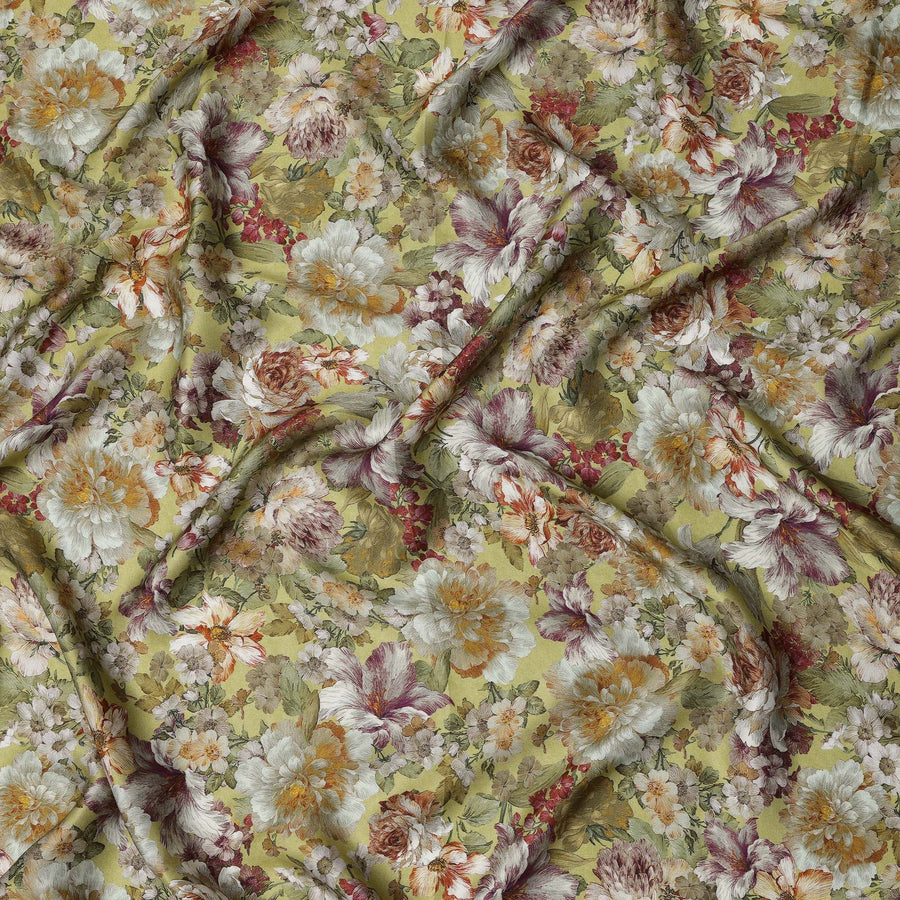 Olive Green Vintage Bloom Floral Print Viscose Modal Satin Fabric, 110 Cms Width, Made in India-D23291