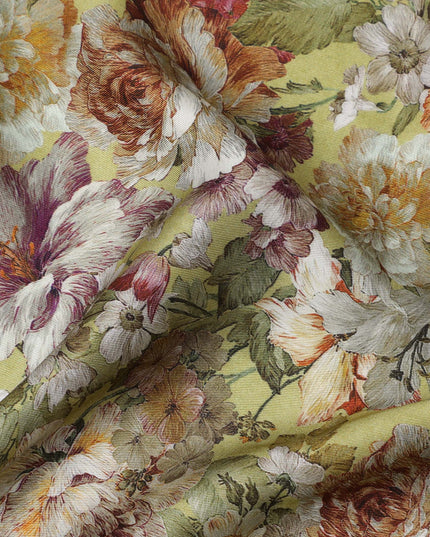Olive Green Vintage Bloom Floral Print Viscose Modal Satin Fabric, 110 Cms Width, Made in India-D23291