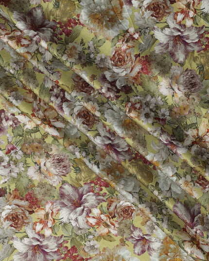 Olive Green Vintage Bloom Floral Print Viscose Modal Satin Fabric, 110 Cms Width, Made in India-D23291