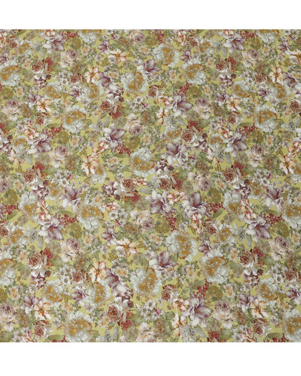 Olive Green Vintage Bloom Floral Print Viscose Modal Satin Fabric, 110 Cms Width, Made in India-D23291
