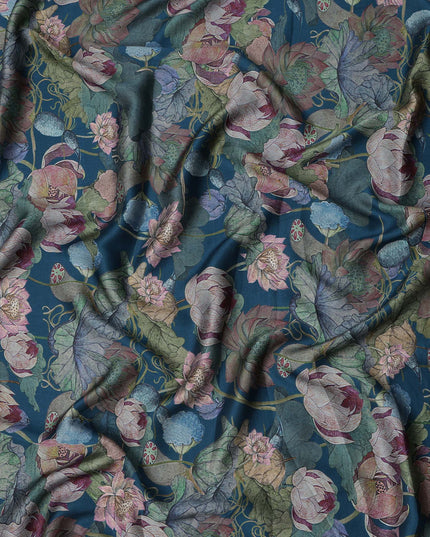 Teal Blue Lotus Floral Print Viscose Modal Satin Fabric, 110 Cms Width, Made in India-D23292