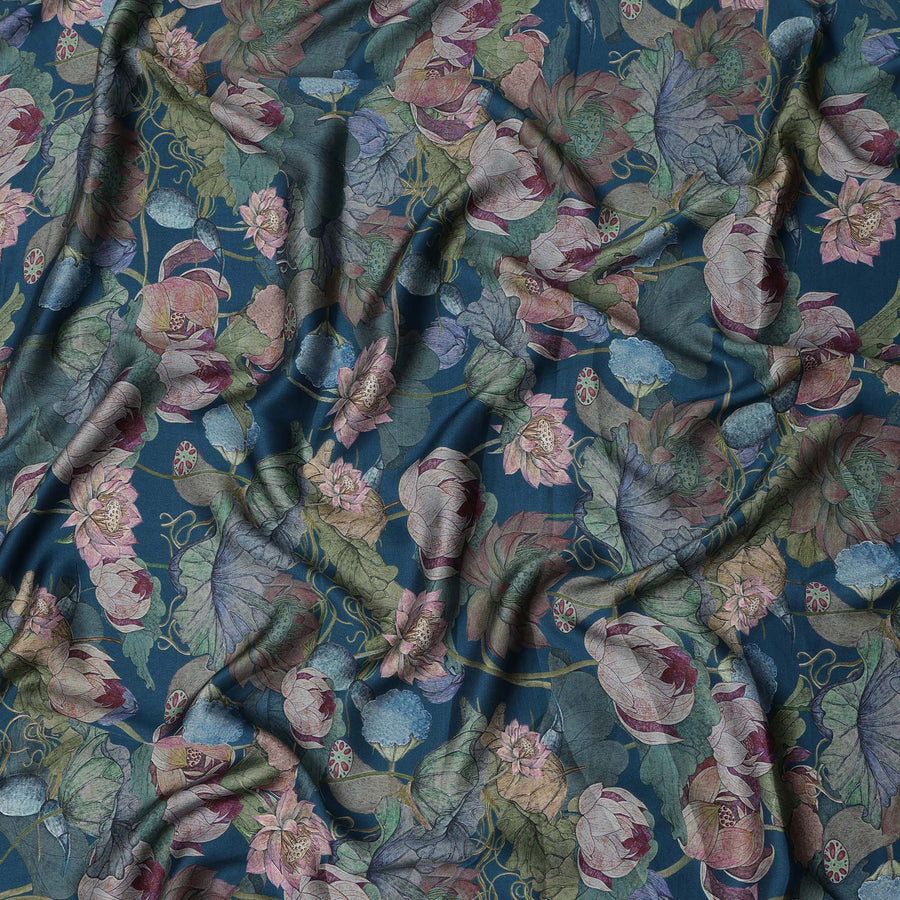 Teal Blue Lotus Floral Print Viscose Modal Satin Fabric, 110 Cms Width, Made in India-D23292