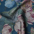 Teal Blue Lotus Floral Print Viscose Modal Satin Fabric, 110 Cms Width, Made in India-D23292