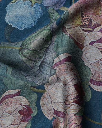 Teal Blue Lotus Floral Print Viscose Modal Satin Fabric, 110 Cms Width, Made in India-D23292