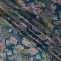 Teal Blue Lotus Floral Print Viscose Modal Satin Fabric, 110 Cms Width, Made in India-D23292