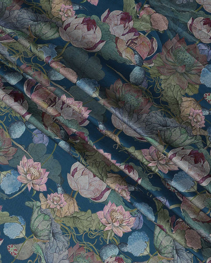 Teal Blue Lotus Floral Print Viscose Modal Satin Fabric, 110 Cms Width, Made in India-D23292