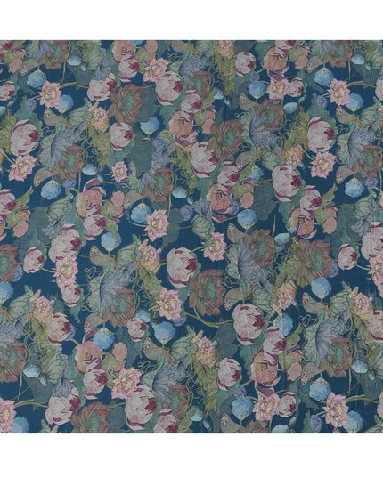 Teal Blue Lotus Floral Print Viscose Modal Satin Fabric, 110 Cms Width, Made in India-D23292