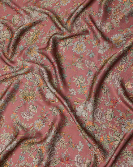Dusty Rose Vintage Floral Print Viscose Modal Satin Fabric, 110 Cms Width, Made in India-D23293