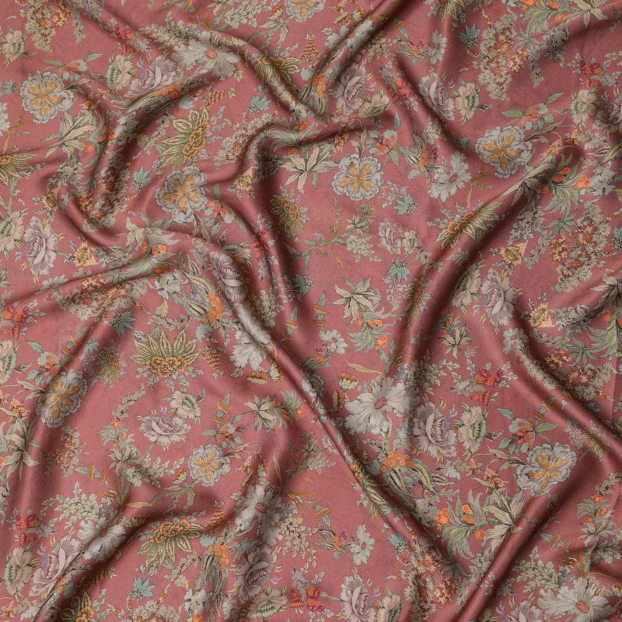 Dusty Rose Vintage Floral Print Viscose Modal Satin Fabric, 110 Cms Width, Made in India-D23293