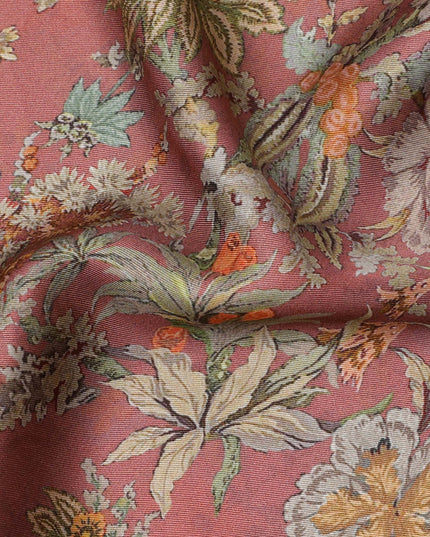 Dusty Rose Vintage Floral Print Viscose Modal Satin Fabric, 110 Cms Width, Made in India-D23293