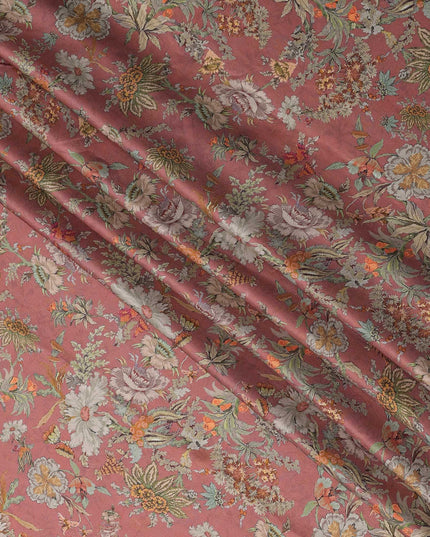 Dusty Rose Vintage Floral Print Viscose Modal Satin Fabric, 110 Cms Width, Made in India-D23293