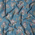 Muted Teal Blue Vintage Rose Bouquet Print Viscose Modal Satin Fabric, 110 Cms Width, Made in India-D23294