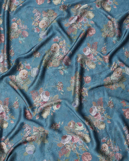 Muted Teal Blue Vintage Rose Bouquet Print Viscose Modal Satin Fabric, 110 Cms Width, Made in India-D23294