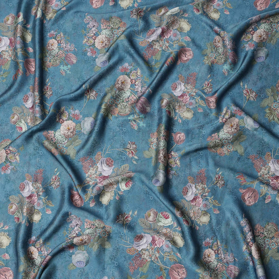 Muted Teal Blue Vintage Rose Bouquet Print Viscose Modal Satin Fabric, 110 Cms Width, Made in India-D23294