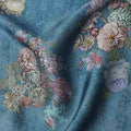 Muted Teal Blue Vintage Rose Bouquet Print Viscose Modal Satin Fabric, 110 Cms Width, Made in India-D23294