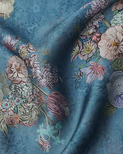 Muted Teal Blue Vintage Rose Bouquet Print Viscose Modal Satin Fabric, 110 Cms Width, Made in India-D23294