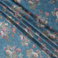 Muted Teal Blue Vintage Rose Bouquet Print Viscose Modal Satin Fabric, 110 Cms Width, Made in India-D23294