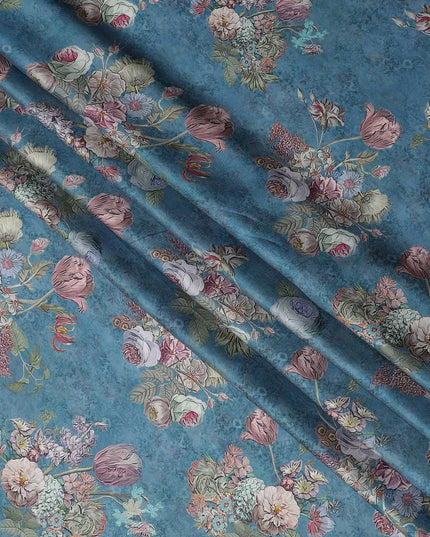 Muted Teal Blue Vintage Rose Bouquet Print Viscose Modal Satin Fabric, 110 Cms Width, Made in India-D23294