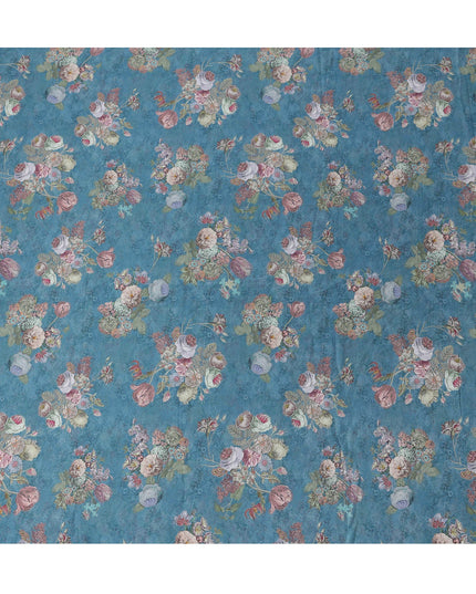 Muted Teal Blue Vintage Rose Bouquet Print Viscose Modal Satin Fabric, 110 Cms Width, Made in India-D23294